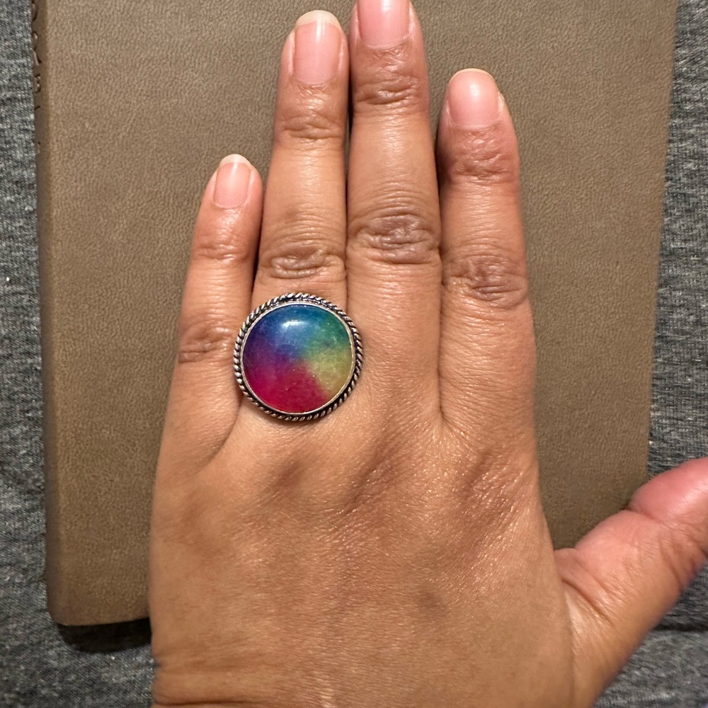 Rainbow Solar Quartz Gemstone 925 Sliver Plated Ring